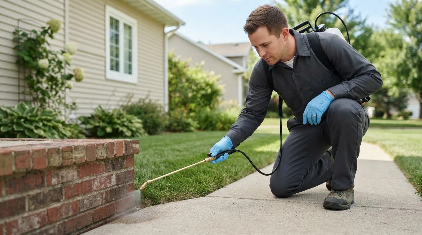 Pest control technician treating a home near Groveland, MA